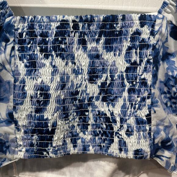 ABERCROMBIE & FITCH BLUE FLORAL PUFF SLEEVE RUCHED CROP TOP SIZE XS - Picture 6 of 6